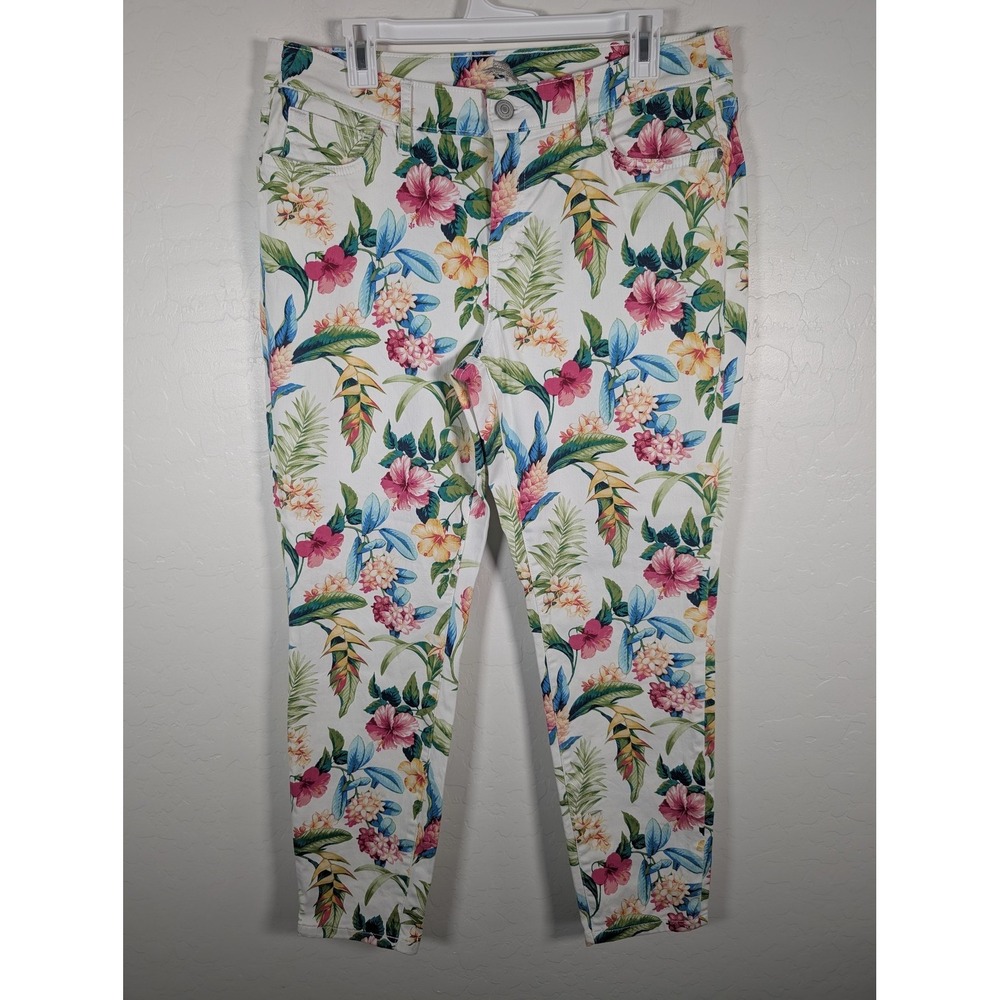 Tommy Bahama Pants Women 31x28 White Floral Tropical Stretch Denim Skinny Ankle